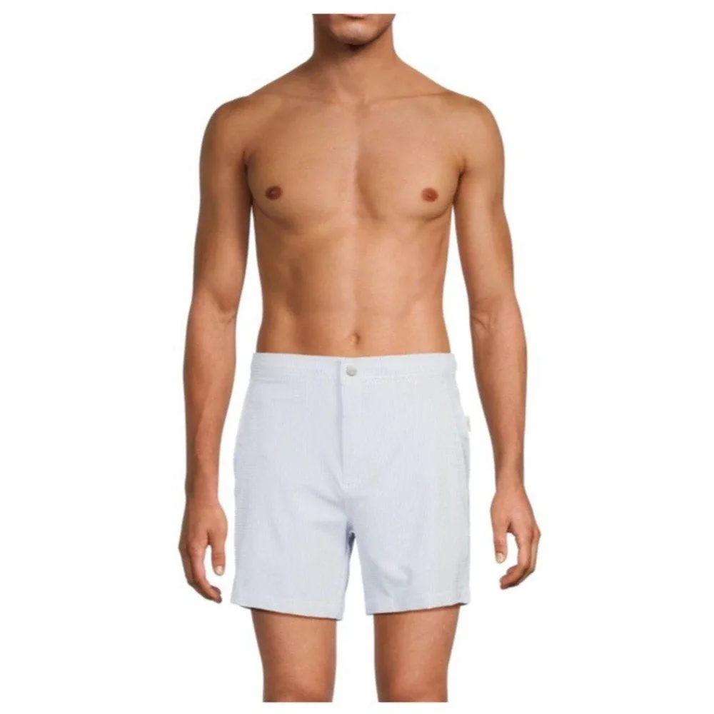 Onia Calder 6E‎ Mens Swimsuit Blue Nylon L Large Swim Trunks Shorts Flat Front
